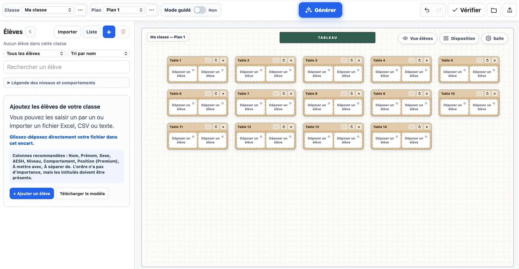 Interface de Plan-de-classe.fr avec le bouton Importer dans le panneau Élèves